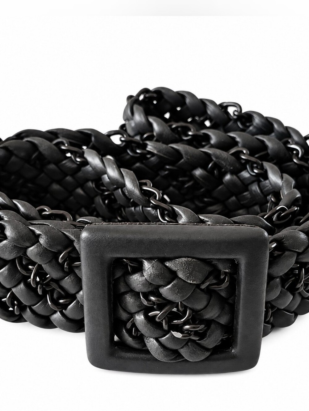 Be & D Black Leather Woven Chain Belt Wide Statement Belt Size L